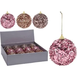 PALLINE DI NATALE CON PAILLETTES ROSA - 12 PZ