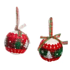 PALLINE DI NATALE GLITTER CON FASCIA IN TESSUTO SCOZZESE - 6PZ